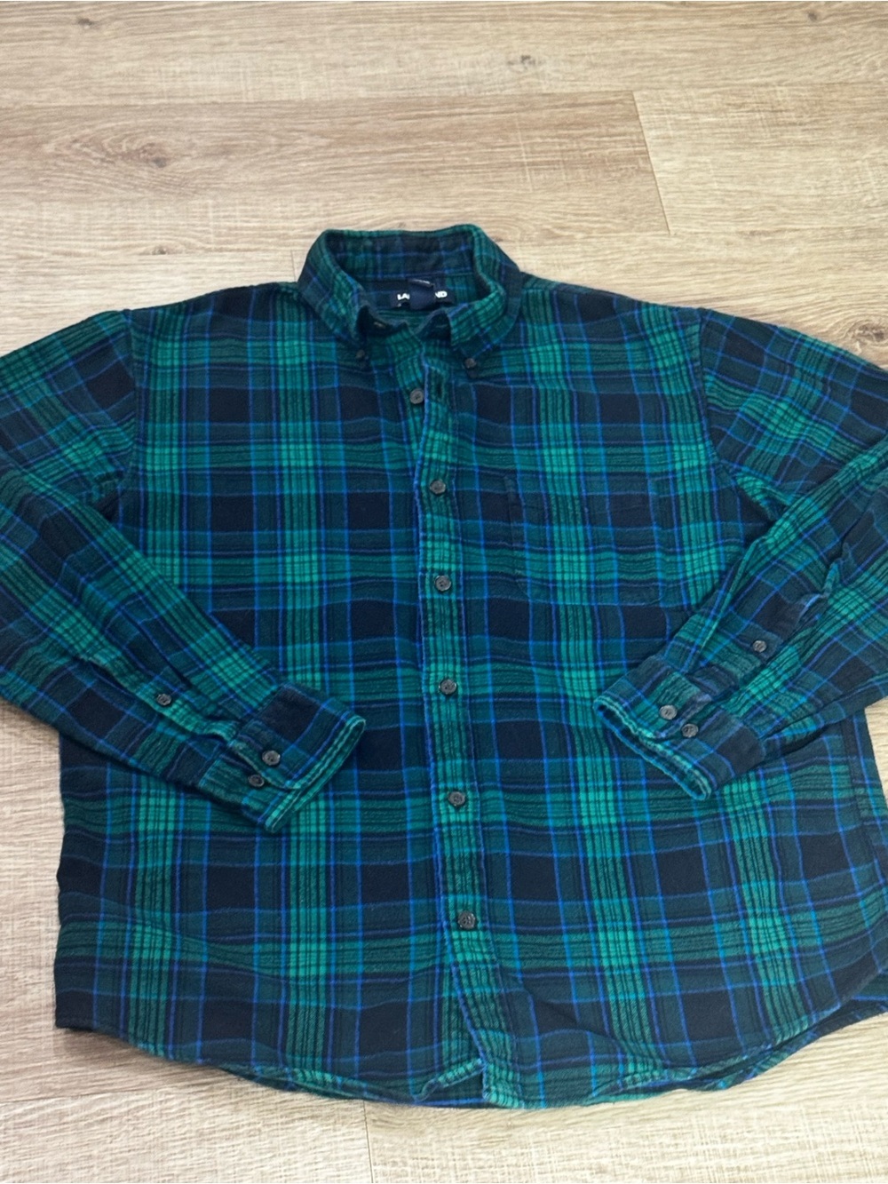 Lands' End Green and Navy Plaid Button-Down Shirt M
